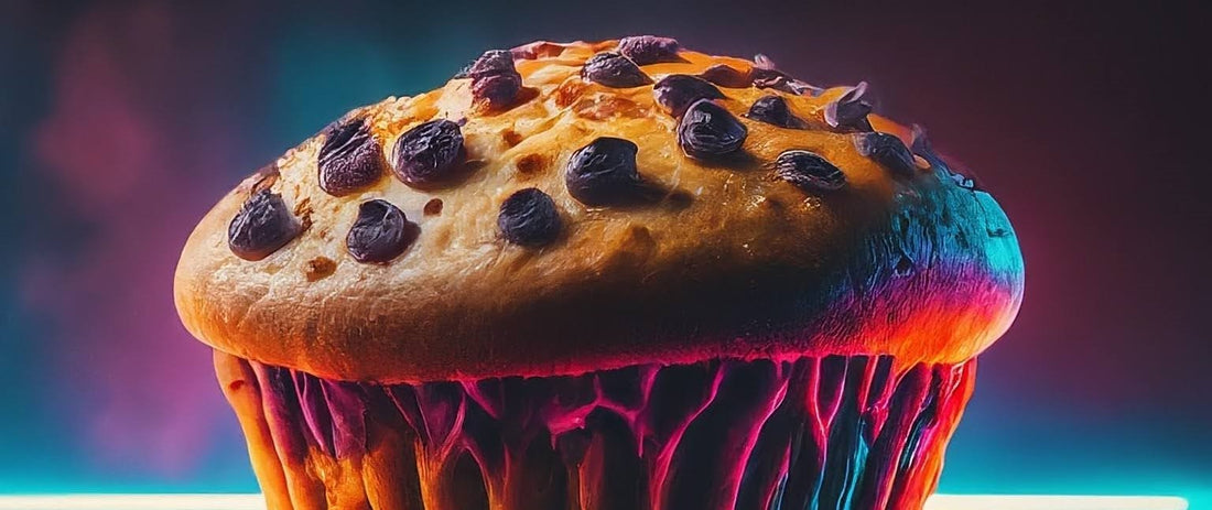 a muffin with cyberpunk ai colors 